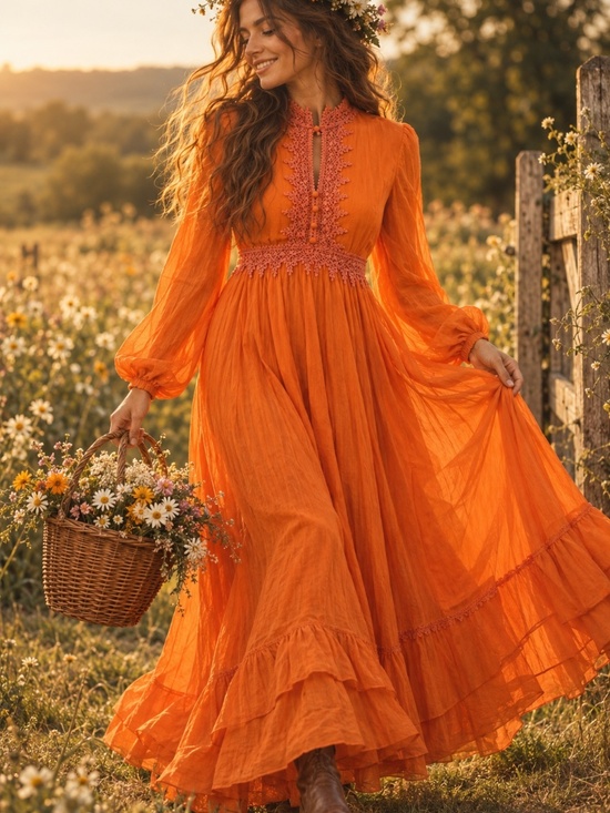 Dresses & Skirts - Vintage 70s Orange Prairie Maxi Dress Boho Cottagecore Lace Glam Ren Fair XS
